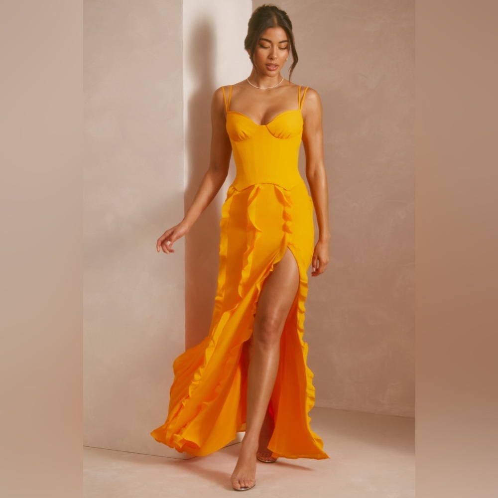 Oh Polly PERRINE Corset Frill Skirt Maxi Dress in Tangerine